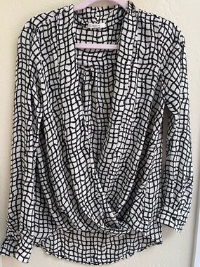 Pleione Black and White Geometric Draped Wrap Blouse